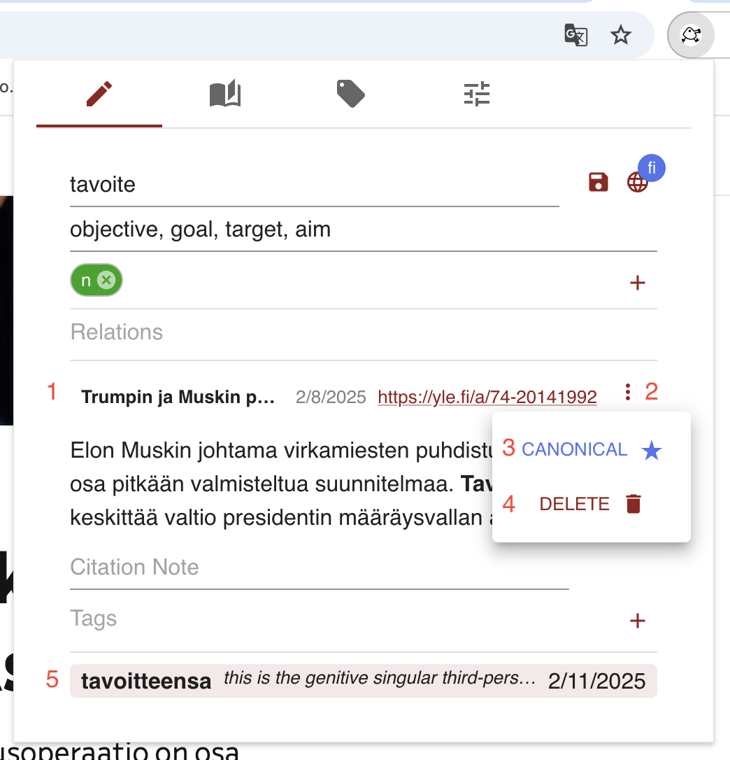 parts of the citations section of a note