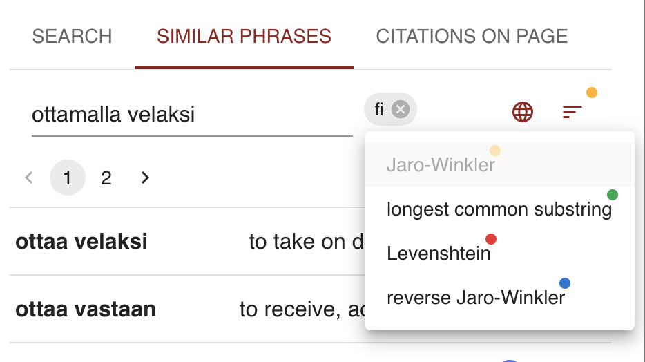 dropdown that shows the string similarity metric